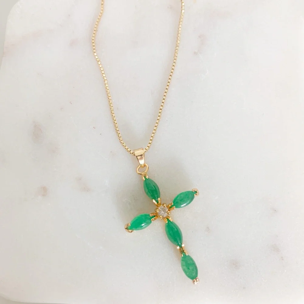 Jade Cross Necklace | 14k Gold Filled - Picture 6 of 7